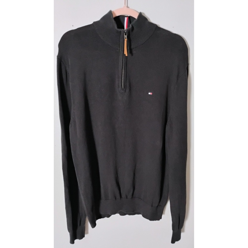 Vintage Tommy Hilfiger 1/4 Zip‎ Sweater Mens Large Black Cotton Knit Pullover